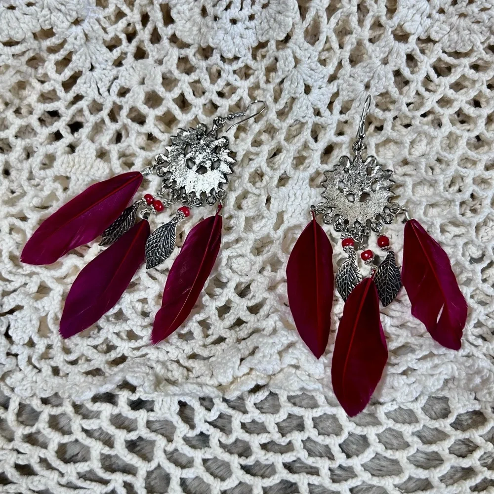 Feather Earrings Boho Vibrant Magenta Burgundy Silver Tone Chandelier Enamel